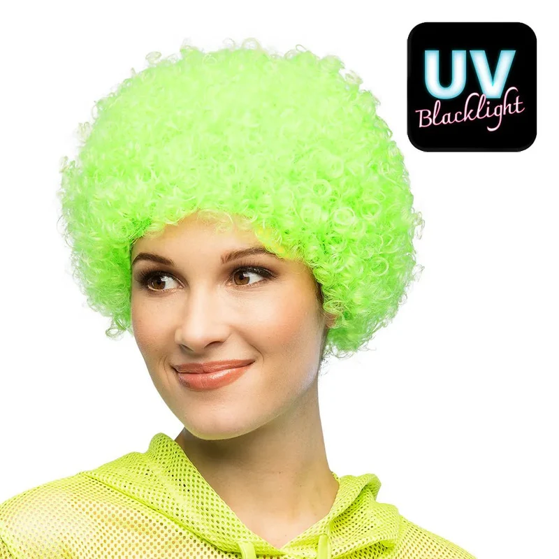 Pruik Curly neongroen UV