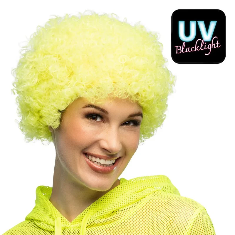 Pruik Curly neongeel UV