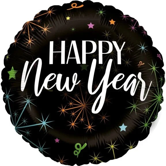 Happy New Year Helium Ballon Zwart Vuurwerk Leeg 45cm
