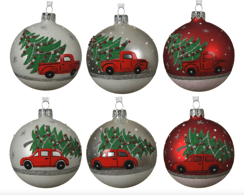 Kerstballen met autootje + kerstboom - voor 6 stuks