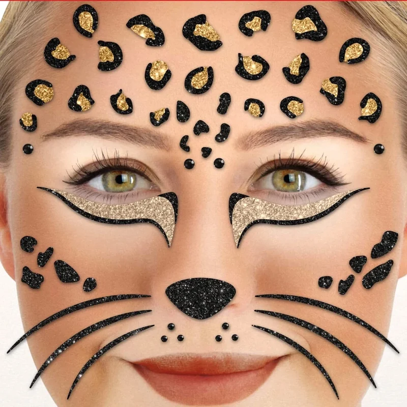Bruin Zwarte Nep Tattoos Gezicht Glitter Panter