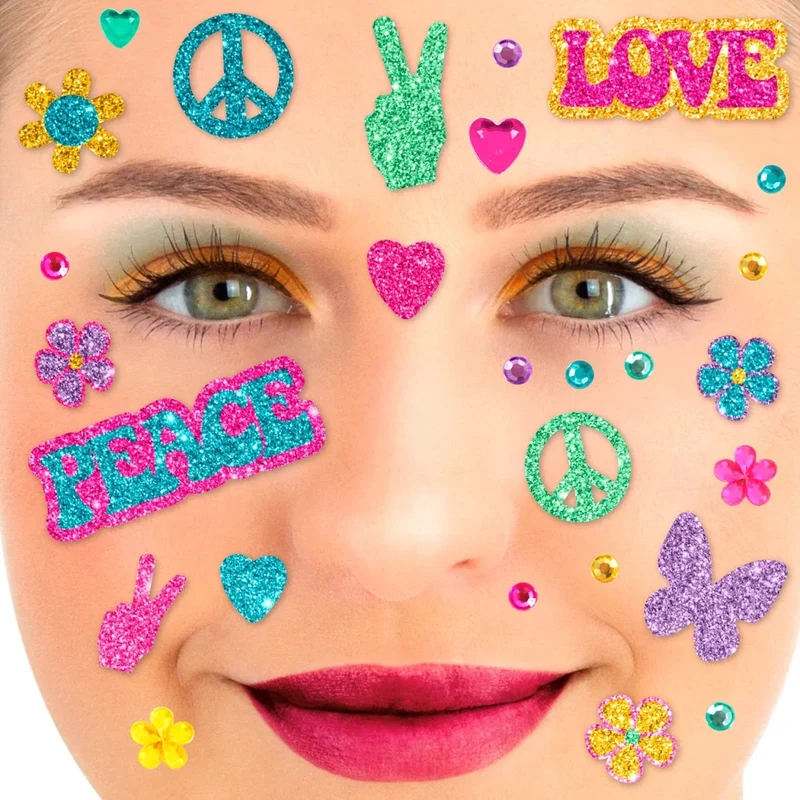 Gekleurde Nep Tattoos Gezicht Glitter Flower Power