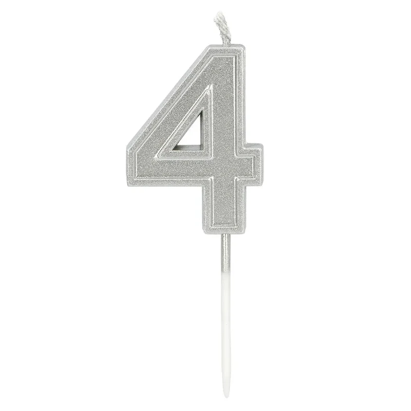 Kaarsje Elegant '4' zilver op prikker (3 x 4,2 x 0,7 cm)