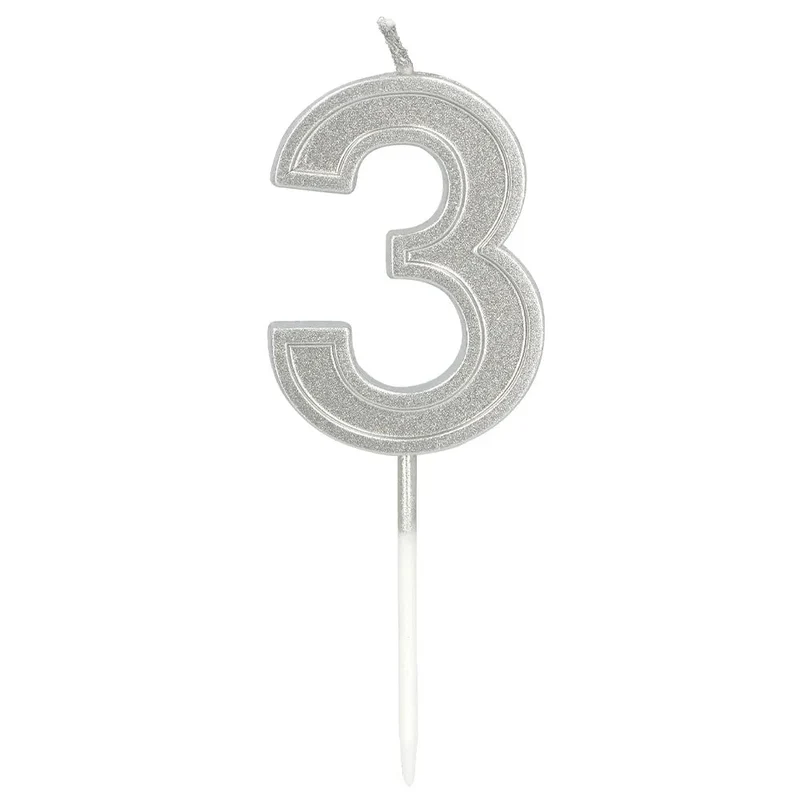 Kaarsje Elegant '3' zilver op prikker (3 x 4,2 x 0,7 cm)