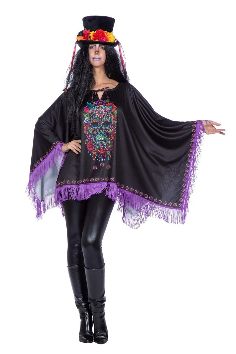 Dia De Los Muertos Poncho Zwart Paars