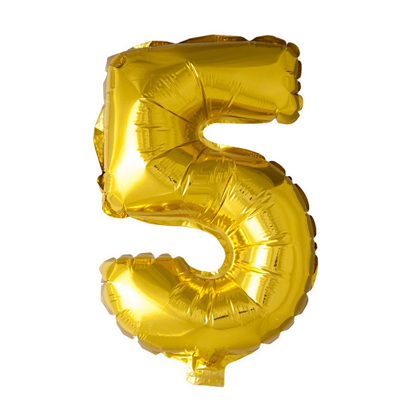 Folie Ballon Cijfer 5 Goud 41cm met Rietje