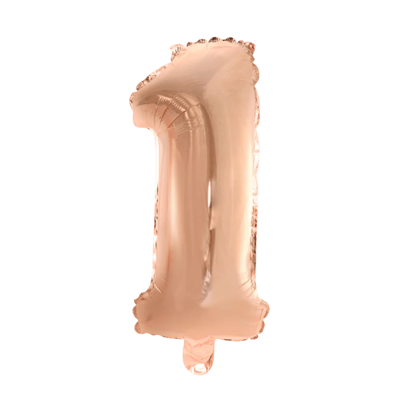 Folie Ballon Cijfer 1 Rose Goud 41cm met Rietje