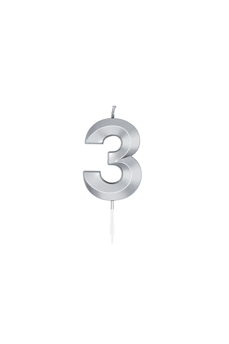3 Jaar Kaars Zilver Metallic 6cm