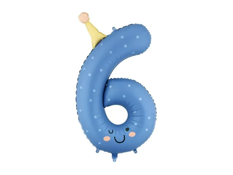 6 Jaar Cijfer Ballon Blauw Met Hoedje Leeg 86cm