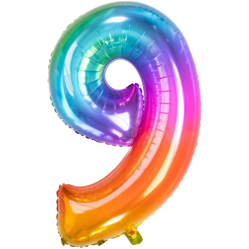 Folie Ballon Cijfer 9 Regenboog XL 81cm leeg