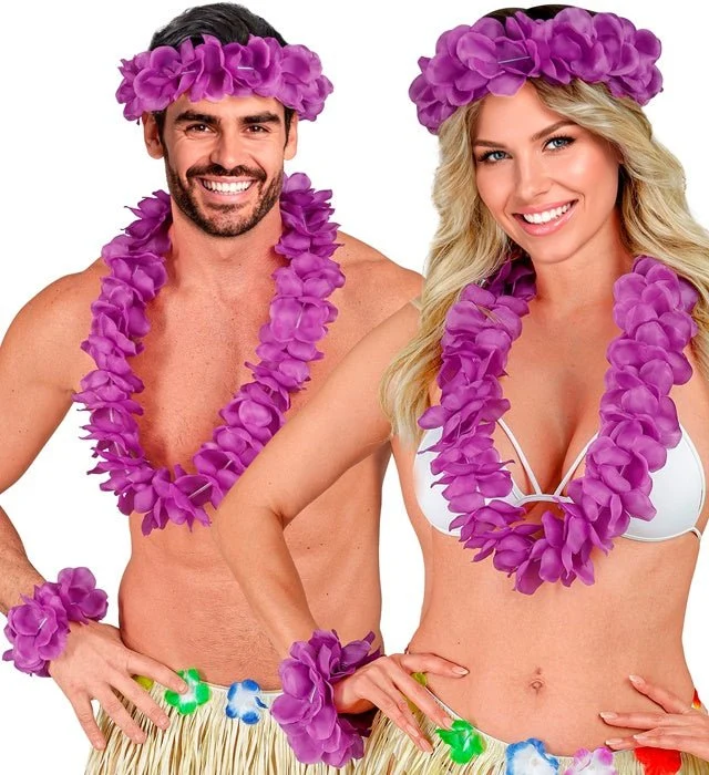Paarse Hawaii Krans Set 3 delig