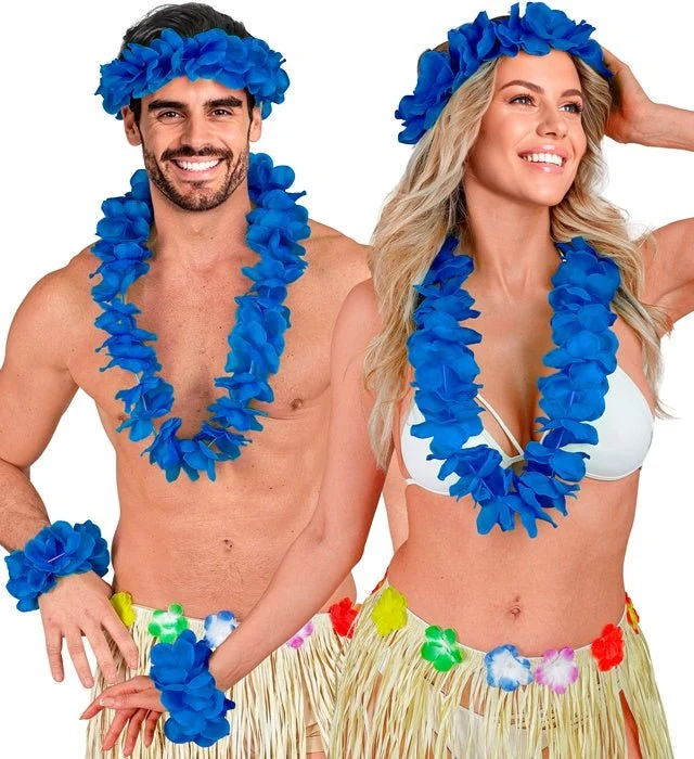 Blauwe Hawaii Krans Set 3 delig