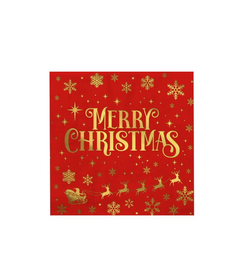 Kerst Servetten Rood Goud Merry Christmas 16cm 16st
