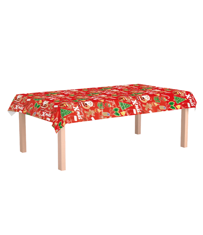 Kerst Tafelkleed Rood Kerstfiguren 2,74m