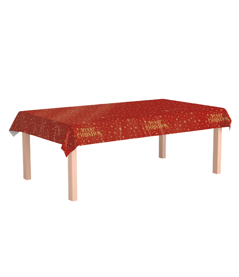 Kerst Tafelkleed Rood Goud Merry Christmas 2,74m