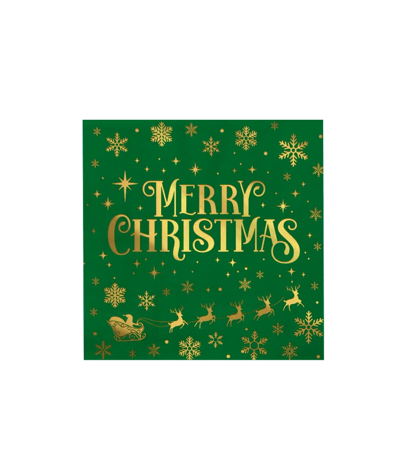 Kerst Servetten Groen Goud Merry Christmas 16cm 16st