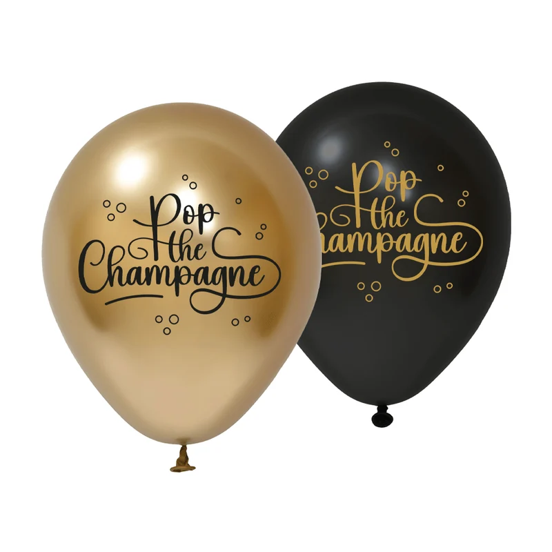 Pop The Champagne Ballonnen Zwart Goud 30cm 8st