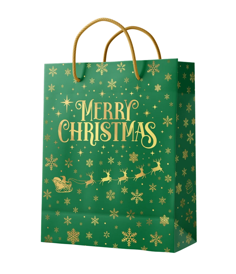 Kerst Cadeautasje Groen Goud Merry Christmas L 31cm