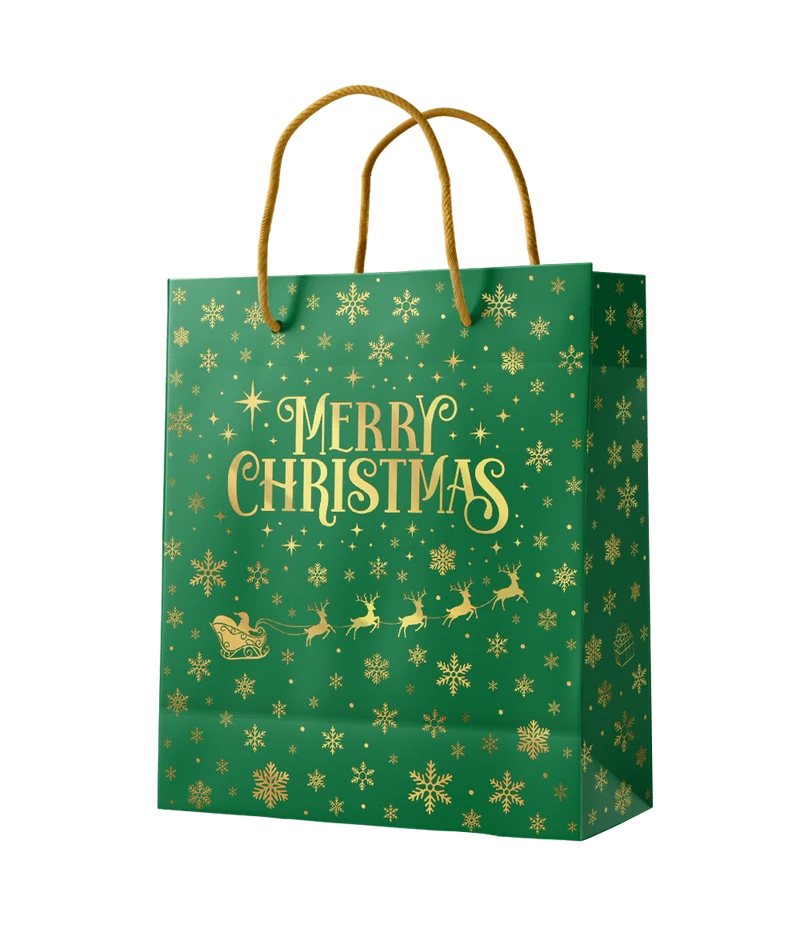 Kerst Cadeautasje Groen Goud Merry Christmas M 21cm