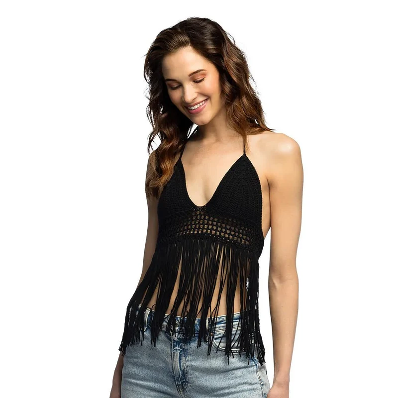 Zwarte Top Dames Franjes