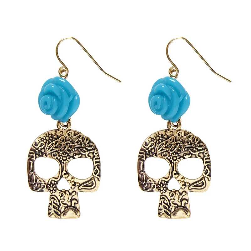 Halloween Oorbellen Blauw Schedels Met Roos