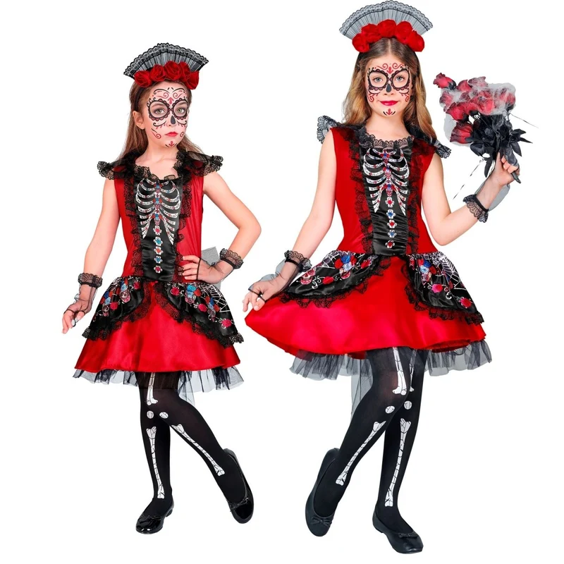 Dia De Los Muertos Jurk Zwart Rood
