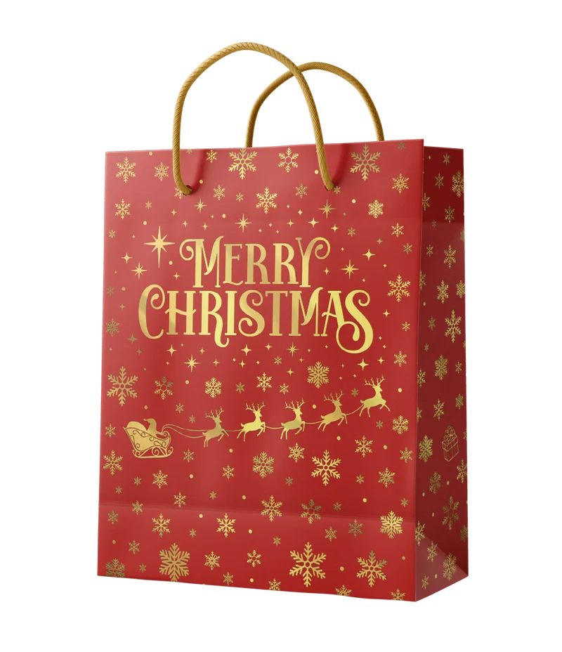 Kerst Cadeautasje Rood Goud Merry Christmas L 31cm