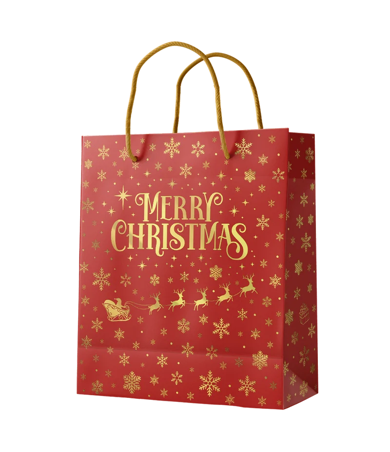 Kerst Cadeautasje Rood Goud Merry Christmas M 21cm