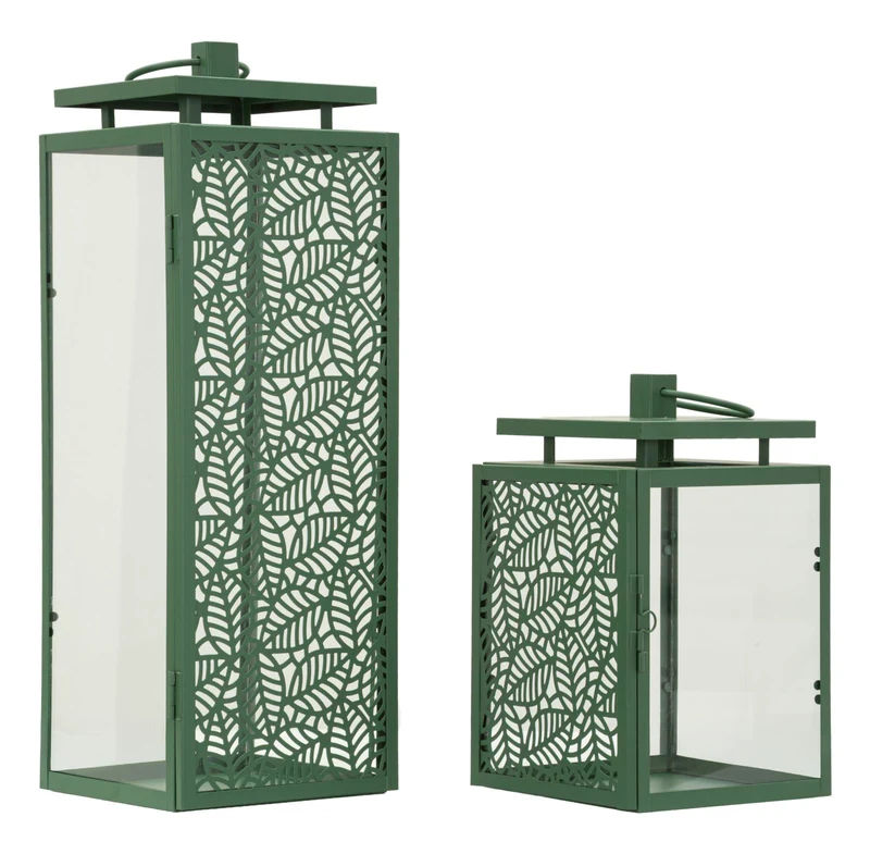 Set van 2 metalen lantaarns groen 15x14,5x41,5 - 15x14,5x24 cm