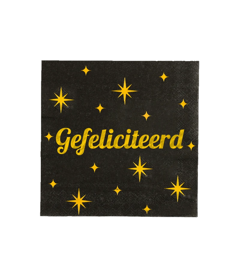 Gefeliciteerd Servetten Goud Zwart Sterren 19cm 16st