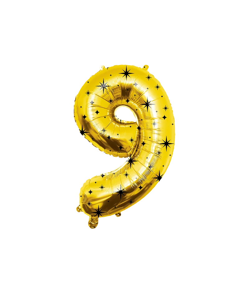 9 Jaar Cijfer Ballon Goud Zwart Sterren 86cm