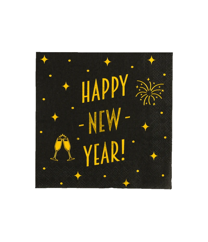 Happy New Year Servetten Zwart Goud 19cm 16st
