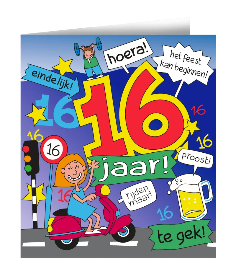 Verjaardagskaart 16 Jaar Cartoon 16,5cm
