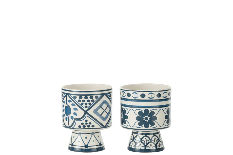 J-Line bloempot Mykonos - keramiek - blauw - small - 2 stuks - Ø 10.7 cm