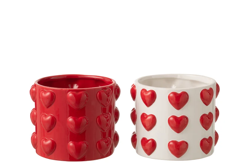 J-Line bloempot Harten Motieven - keramiek - wit/rood - large - set van 2