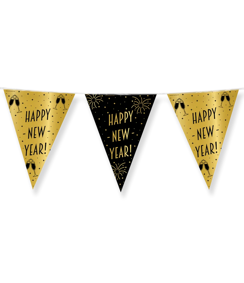Vlaggenlijn Happy New Year Goud Zwart 10m