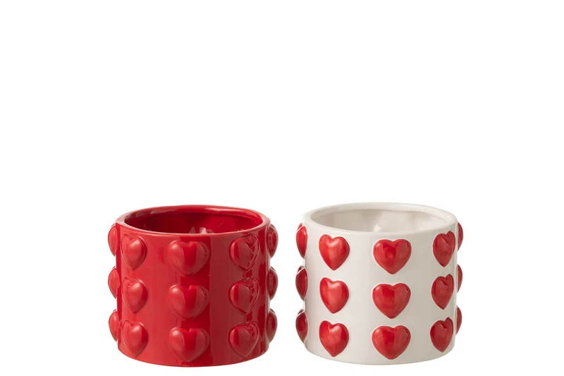 J-Line bloempot Harten Motieven - keramiek - wit/rood - small - set van 2