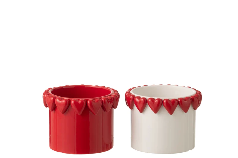 J-Line bloempot Harten - keramiek - wit/rood - small - set van 2