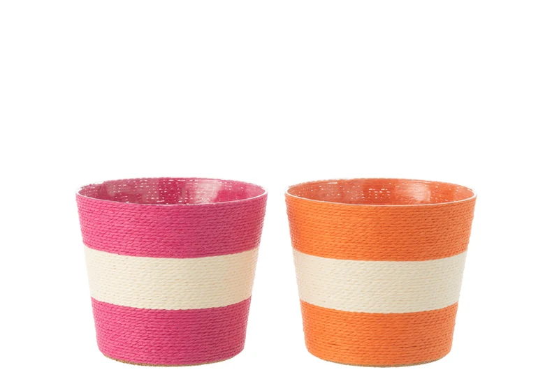 J-Line bloempot Touwtjes - papier - roze/oranje - large - 2 stuks - Ø 17.5 cm