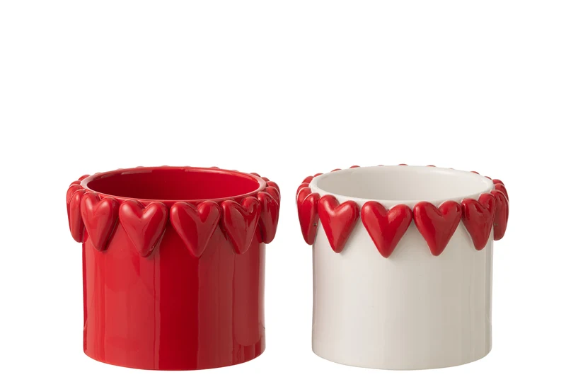 J-Line bloempot Harten - keramiek - wit/rood - large - set van 2