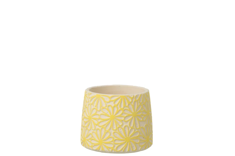 J-Line bloempot Rond Bloemen - cement - geel - small