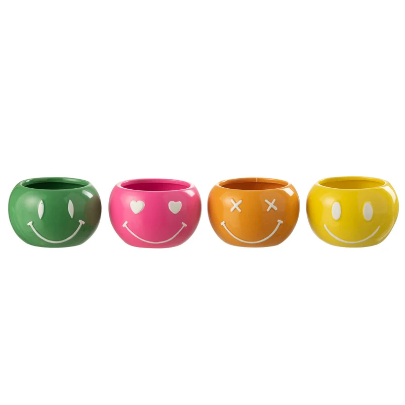 J-Line bloempot Smiley - porselein - mix - small - 4 stuks - Ø 11.5 cm
