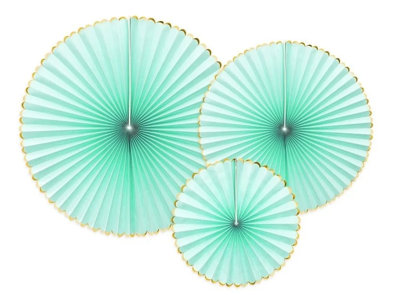 Papieren Waaiers Mintgroen Goud Set 23-40cm 3 delig