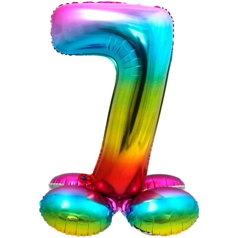 Folie Ballon Cijfer 7 Regenboog met standaard 72cm