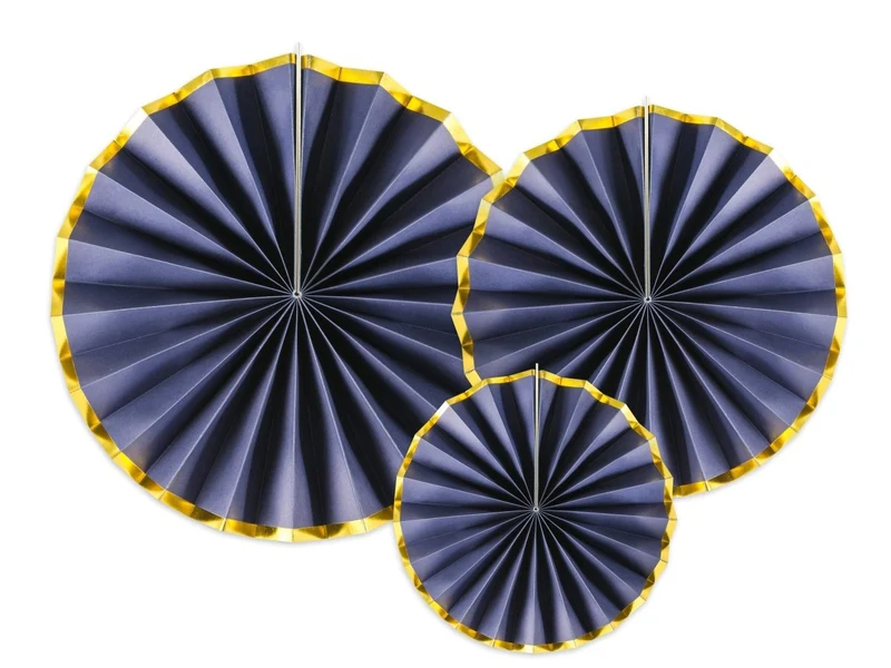 Papieren Waaiers Donkerblauw Goud Set 23-40cm 3 delig
