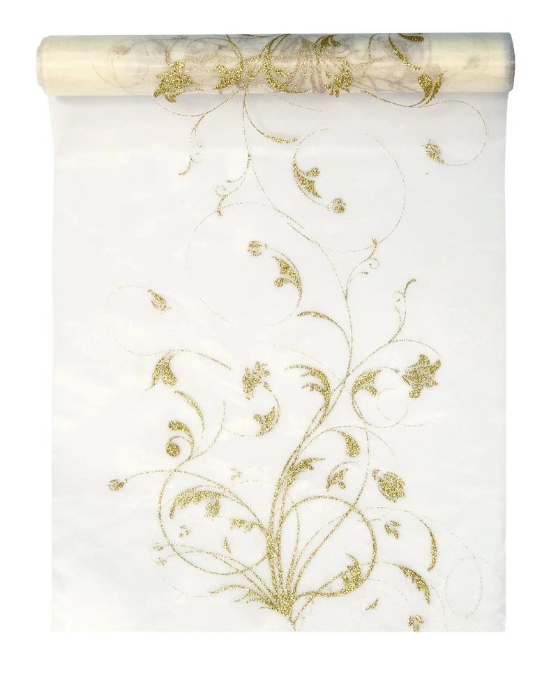 Vanille Creme Organza Stof Gouden Bloemen 36cm 9m